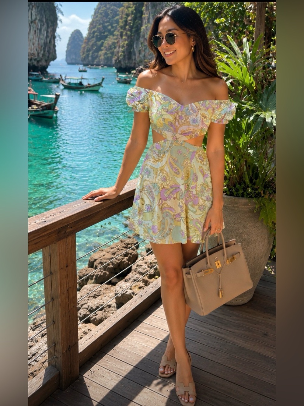 Brand New! Off-Shoulder Pastel Paisley Cutout Mini Dress